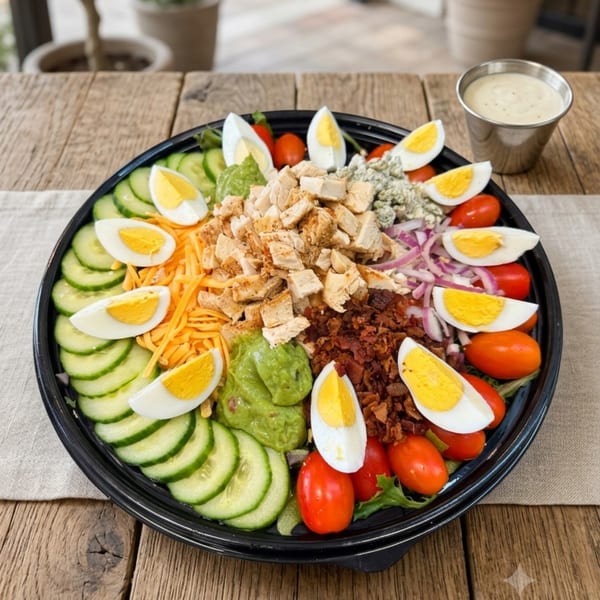 A large Cobb salad in a black bowl with chicken, bacon, eggs, tomatoes, cucumbers, and dressing.