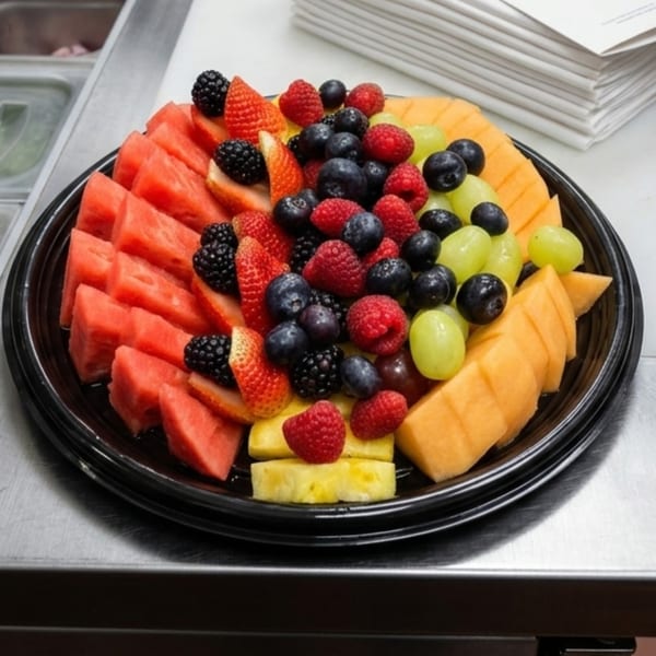 A black platter filled with fresh fruit, including watermelon, cantaloupe, grapes, blueberries, raspberries, and strawberries.
