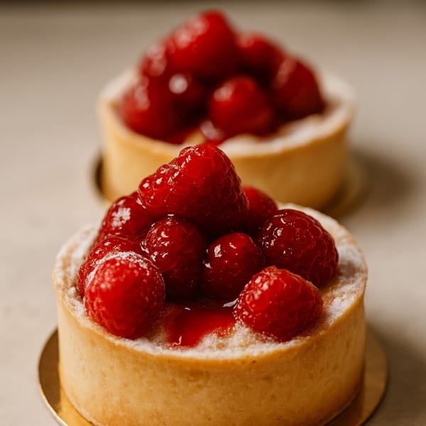 Two raspberry tarts with powdered sugar, one in focus in the foreground.