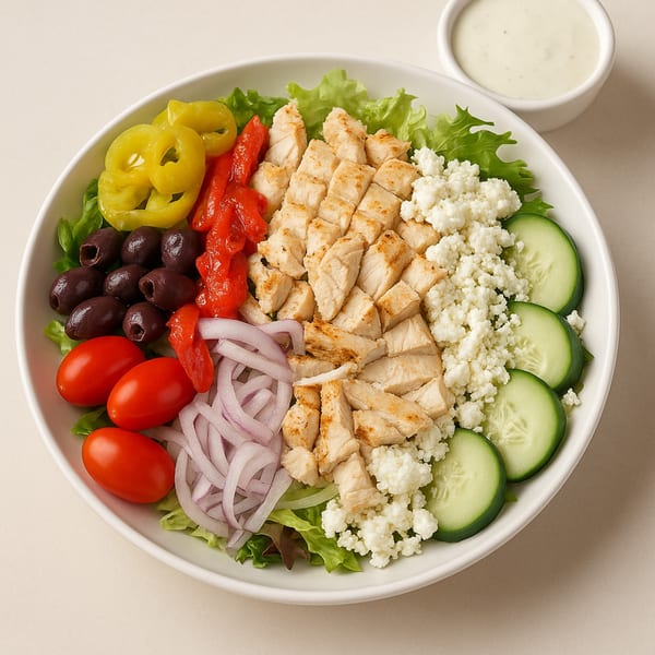 A Fresco Foodworks cafe salad with chicken, olives, tomatoes, cucumbers, peppers, onions, and feta.