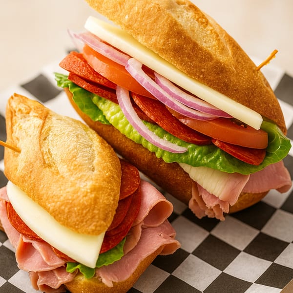 Two Fresco Foodworks cafe sandwiches with various meats, cheese, and vegetables on checkered paper.