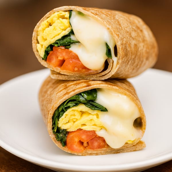 Two halves of a breakfast wrap with scrambled eggs, spinach, tomatoes, and melted cheese.