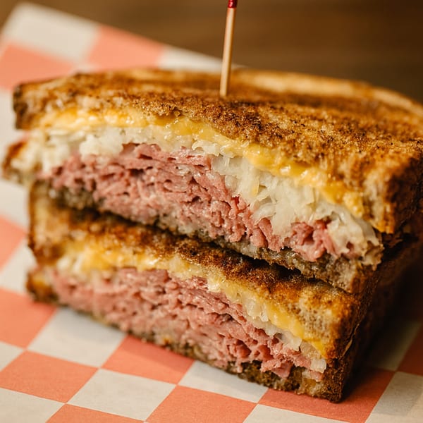 A close-up of a grilled Reuben sandwich, cut in half, revealing corned beef, sauerkraut, and cheese.