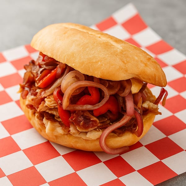 A Fresco Foodworks sandwich with red peppers, onions, and meat on a red and white checkered paper.