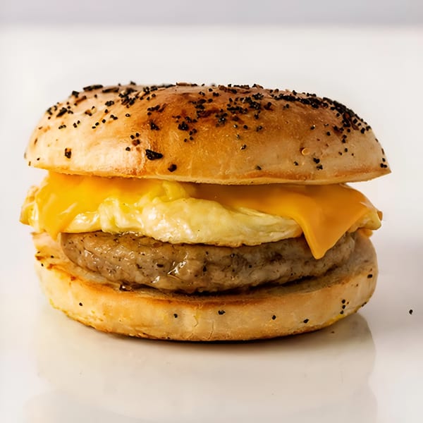 A Fresco Foodworks breakfast sandwich with sausage, egg, and melted cheese on an everything bagel.