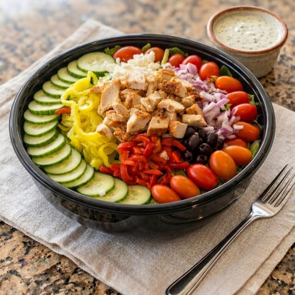 A vibrant salad with chicken, cucumbers, tomatoes, peppers, olives, and feta, with dressing on the side.