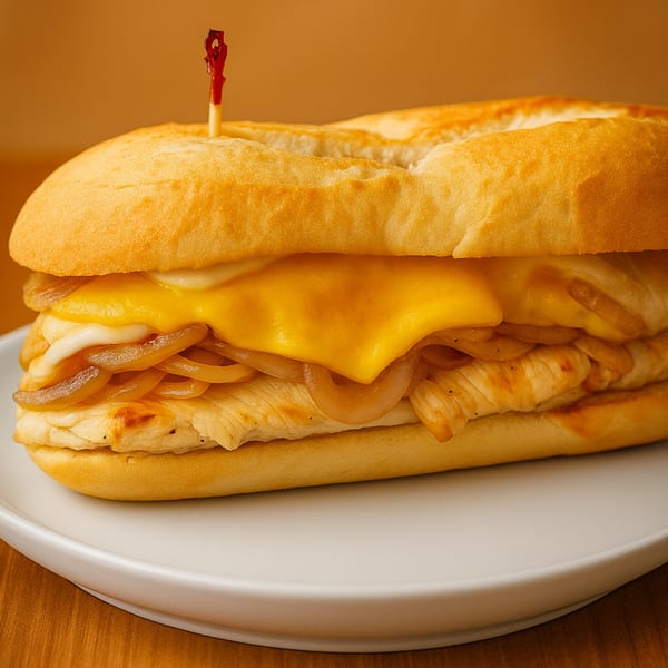 A chicken cheesesteak sandwich with melted cheese and caramelized onions on a white plate.