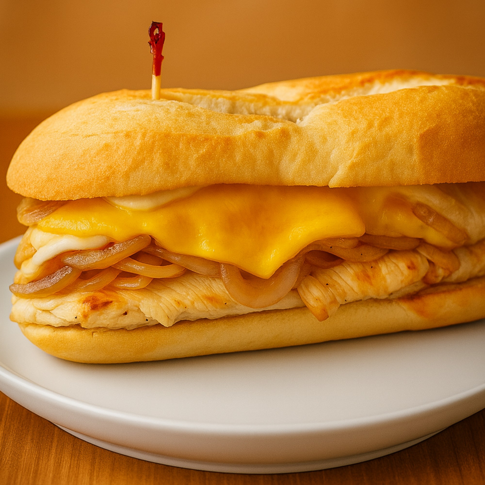 A chicken cheesesteak sandwich with melted cheese and caramelized onions on a white plate.