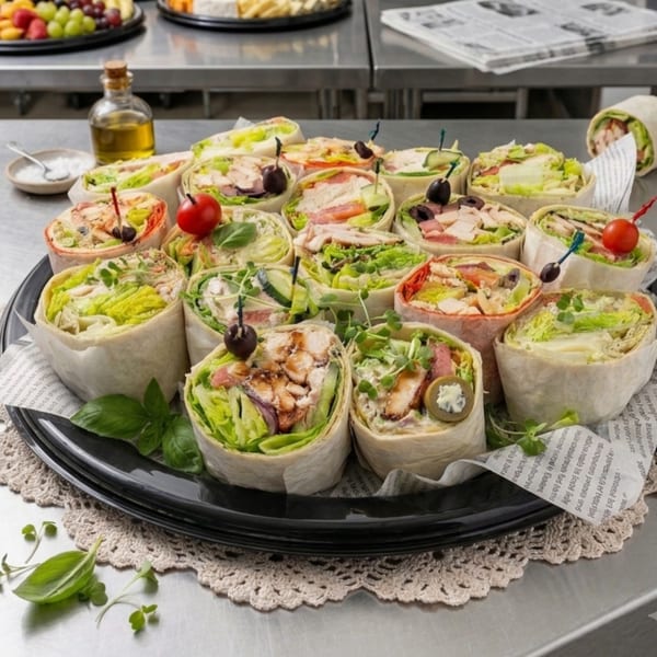 A black platter filled with various colorful wraps, garnished with olives, tomatoes, and herbs.