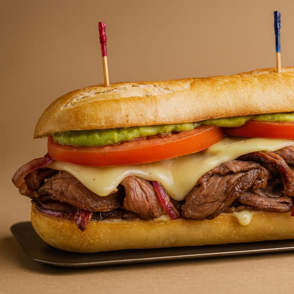 Fresco Foodworks' steak sandwich with melted cheese, tomatoes, and guacamole on a tray.