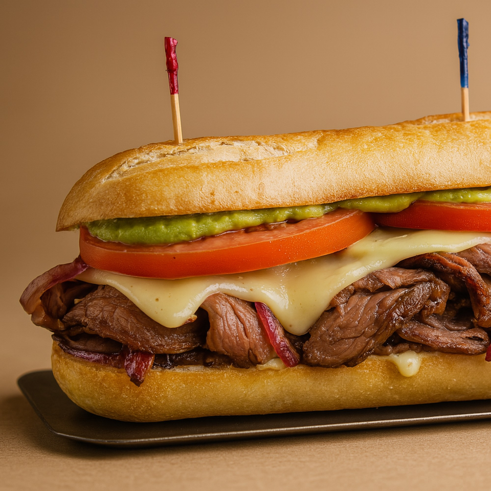 Fresco Foodworks' steak sandwich with melted cheese, tomatoes, and guacamole on a tray.
